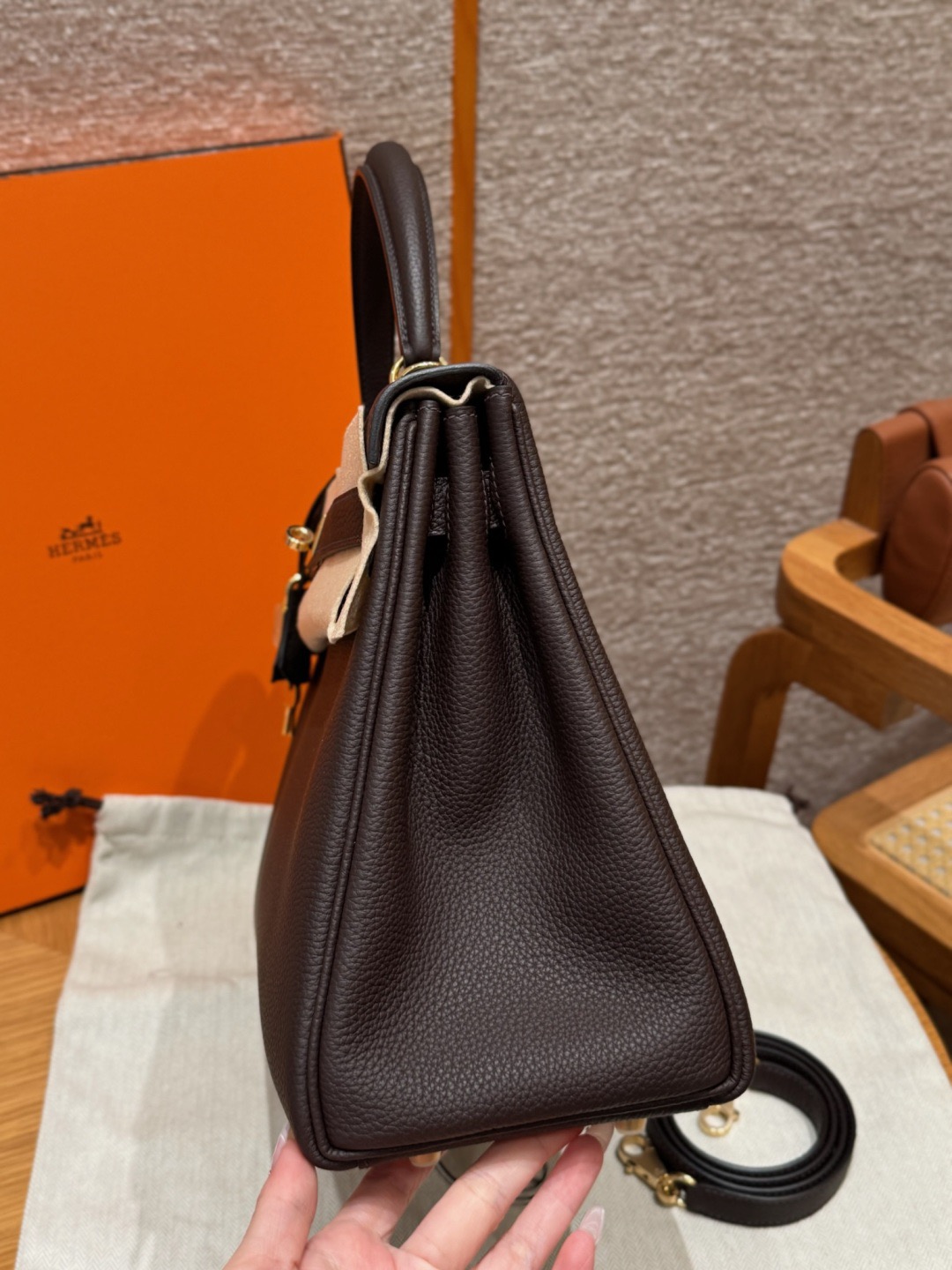Kelly 28cm, black, French imported cowhide, with gold hardware inside stitching.