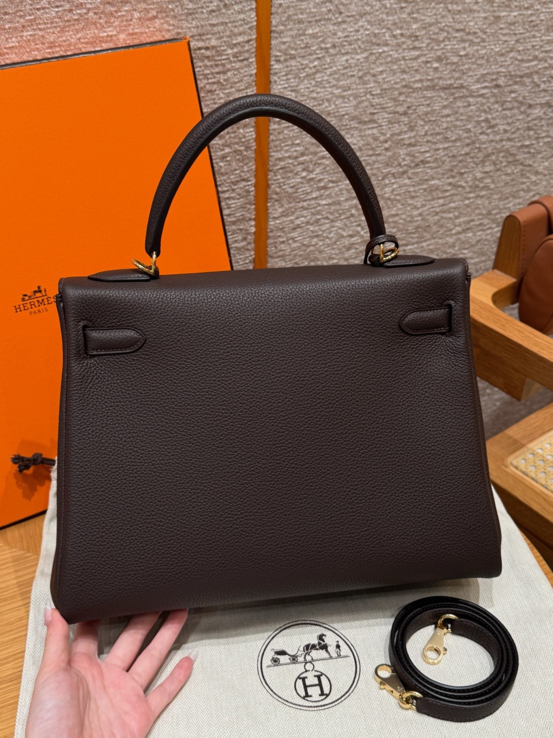 Kelly 28cm, black, French imported cowhide, with gold hardware inside stitching.