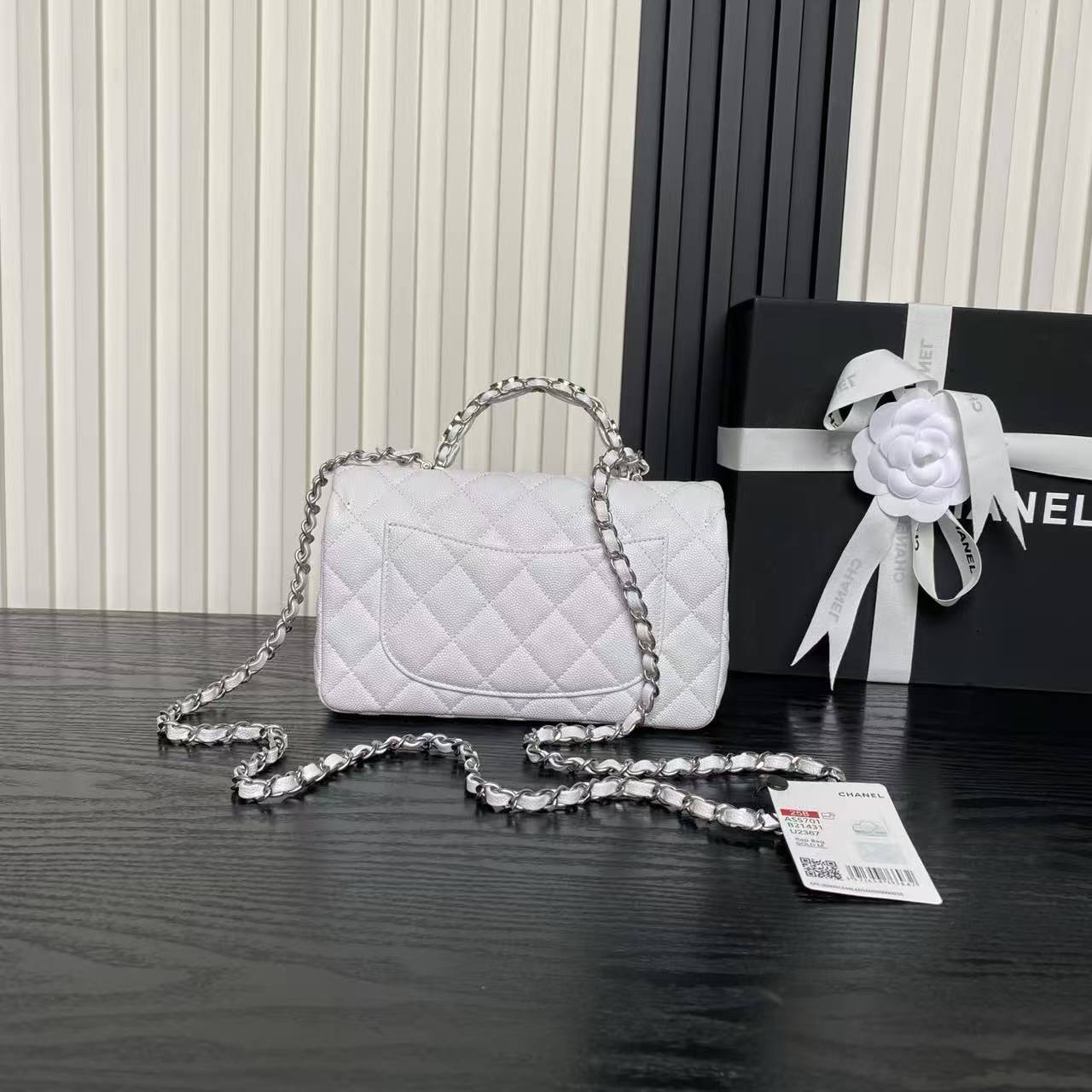 Classic Chanel White Caviar Flap Bag With Top Handle 🤍