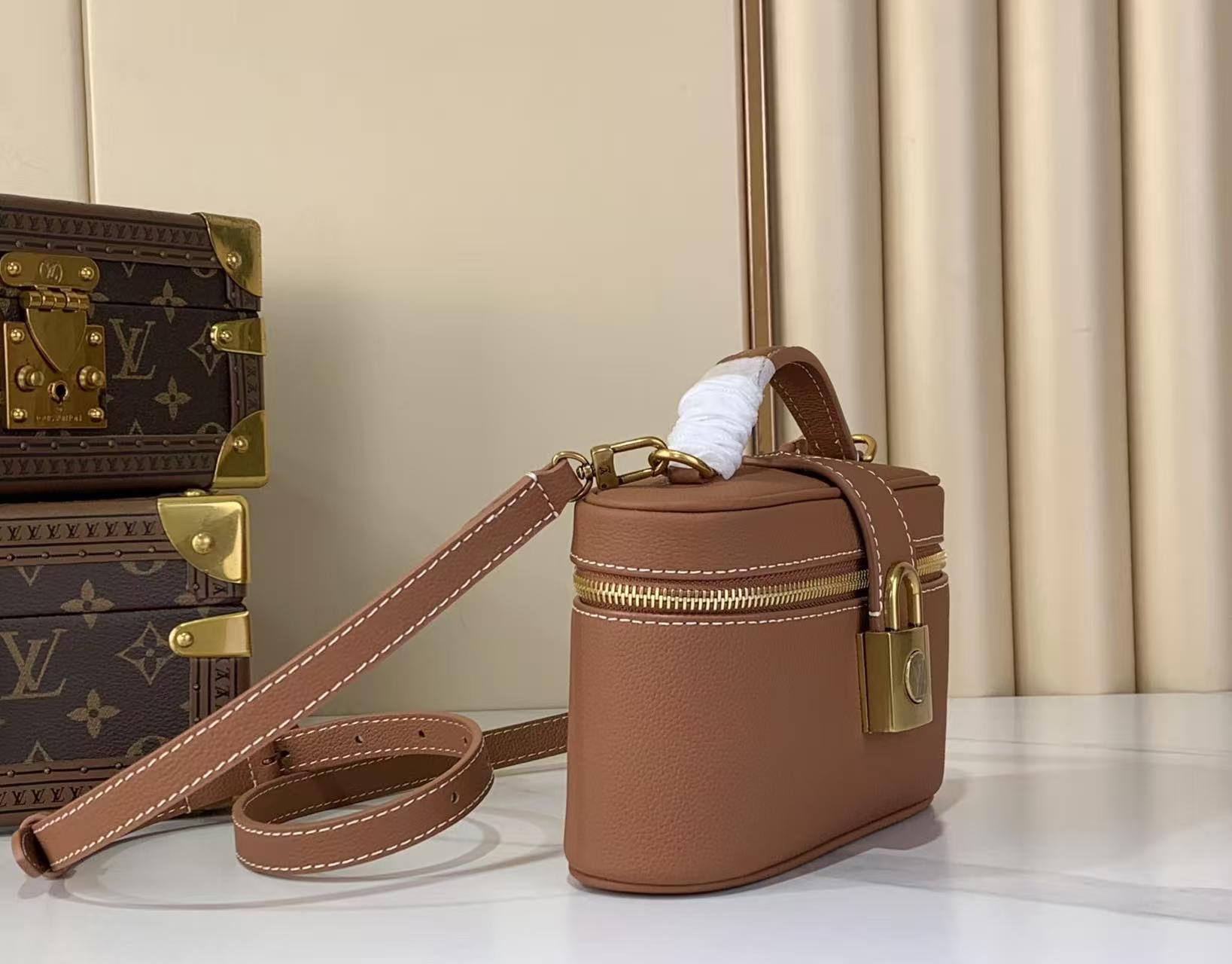 LV Mini Vanity Full Leather Caramel Makeup Case Handbag