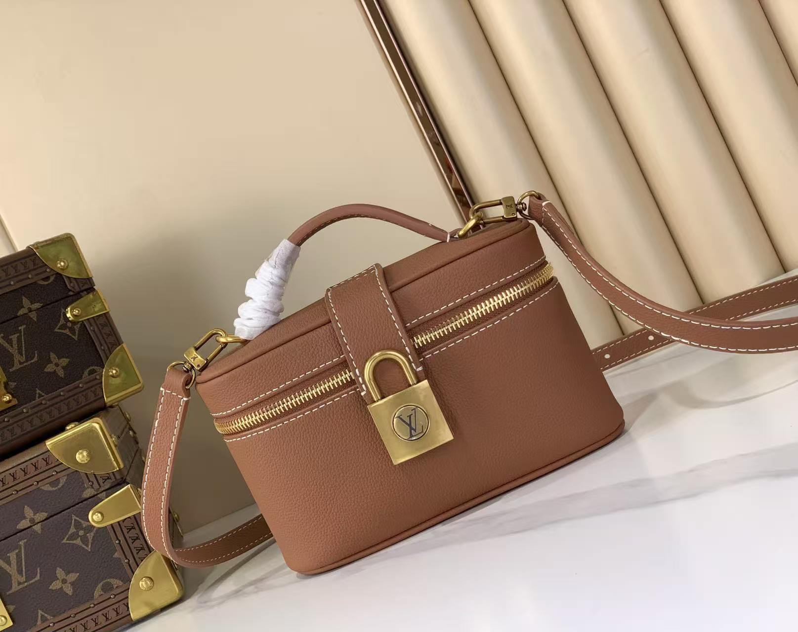 LV Mini Vanity Full Leather Caramel Makeup Case Handbag