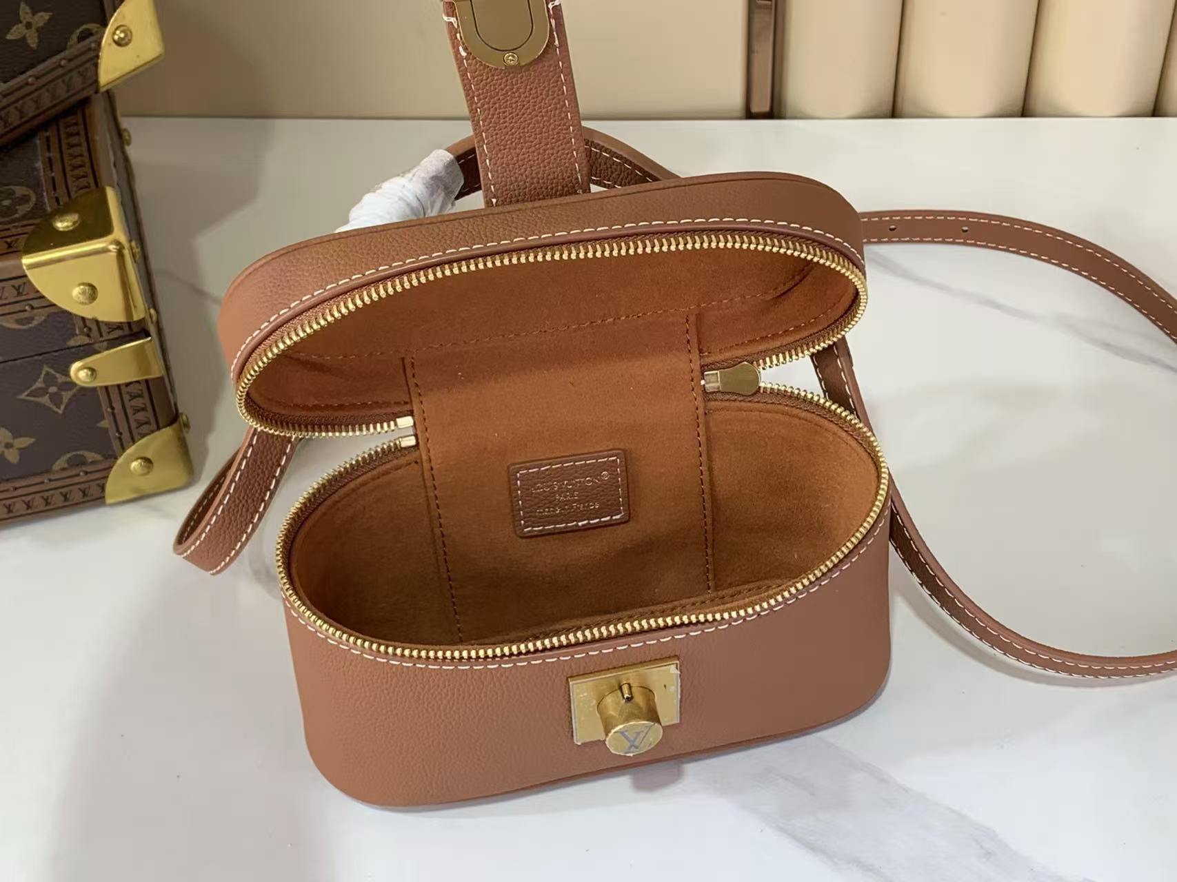 LV Mini Vanity Full Leather Caramel Makeup Case Handbag