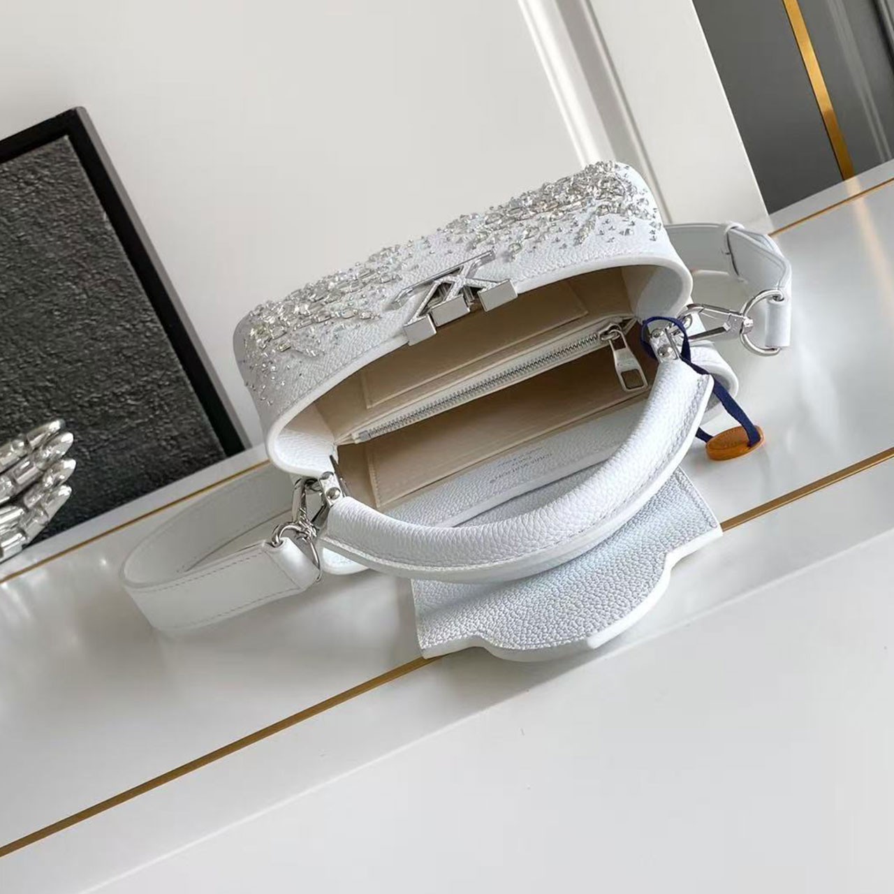 LV Capucines Mini White Gradient Crystal Diamond Handbag