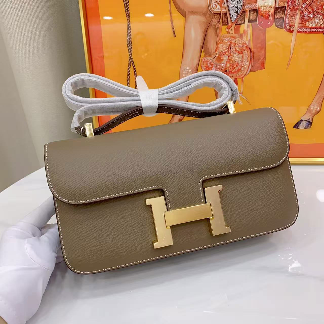 Herm è s Constance Elan Light Grey Beige Palm Pattern Underarm Bag