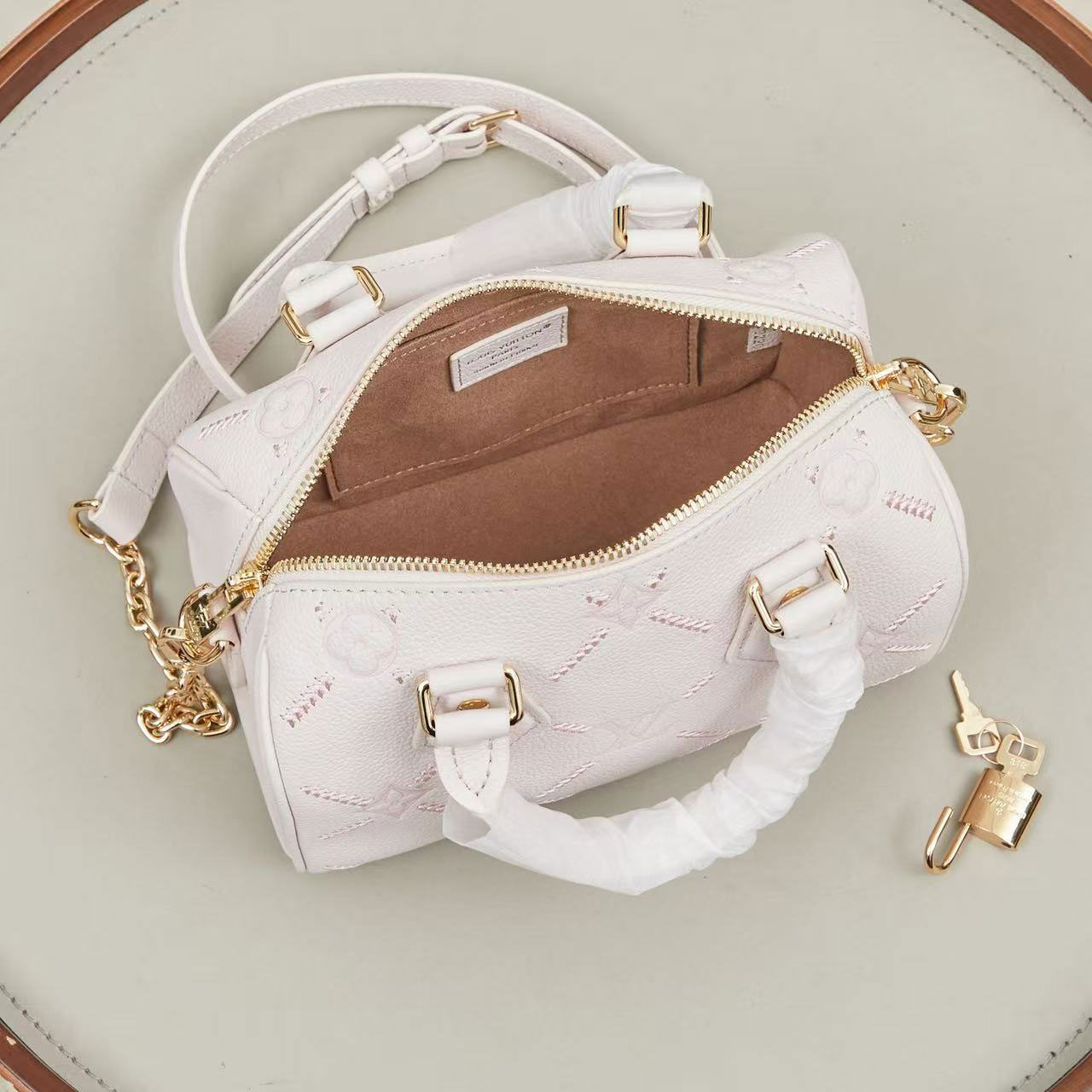 LV Speedy Nano Light Pink Embossed Leather Mini Boston Bag