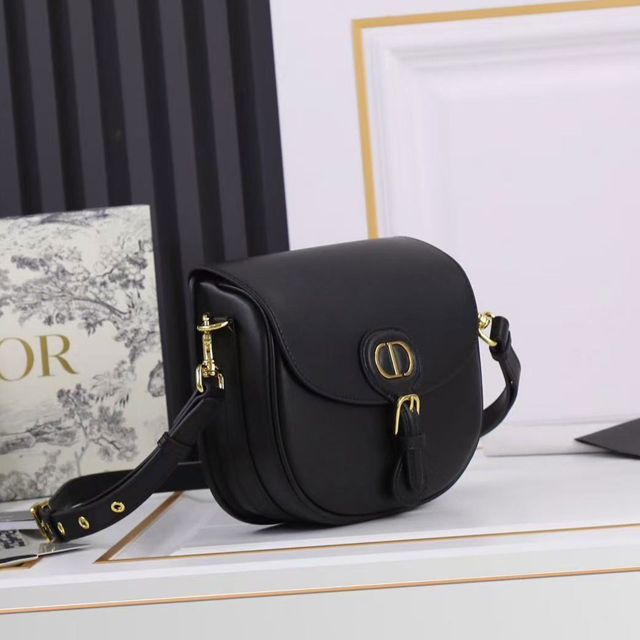 Dior Bobby Small Black Smooth Leather Gold Buckle Saddle Cross Bag