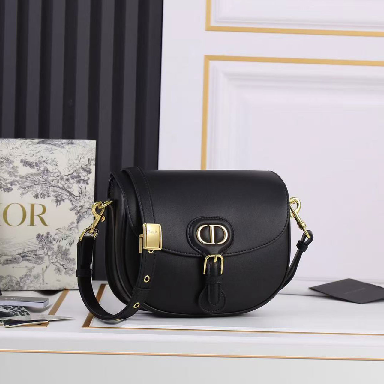 Dior Bobby Small Black Smooth Leather Gold Buckle Saddle Cross Bag