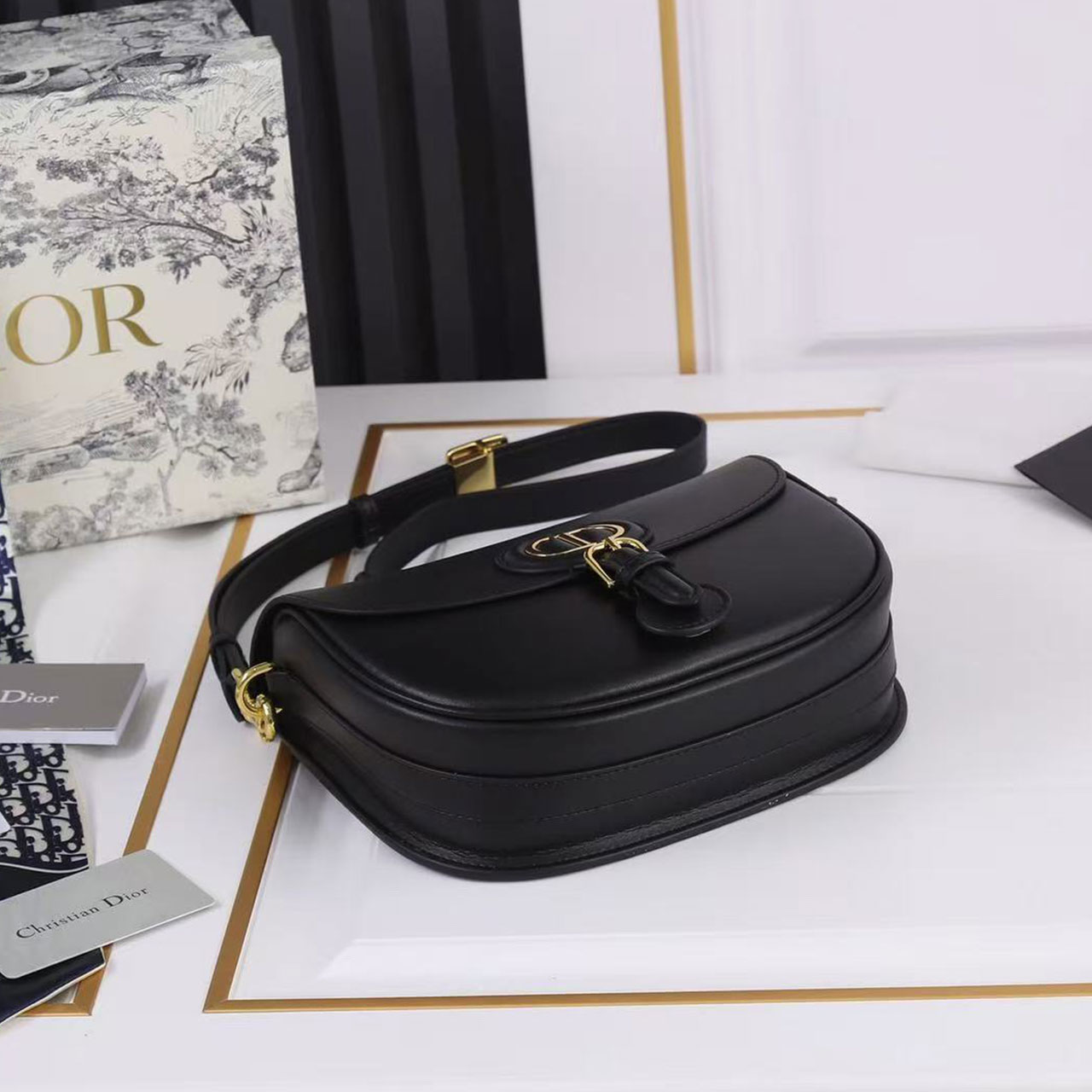 Dior Bobby Small Black Smooth Leather Gold Buckle Saddle Cross Bag