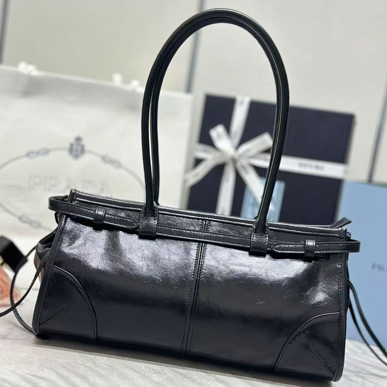 Prada Black Oil Wax Leather Long Underarm Tote Bag