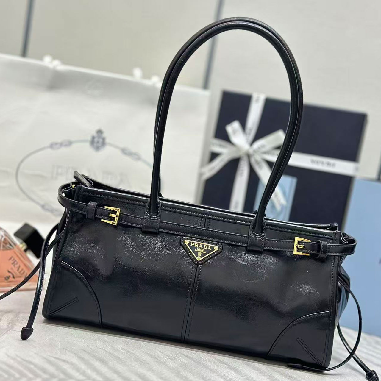 Prada Black Oil Wax Leather Long Underarm Tote Bag