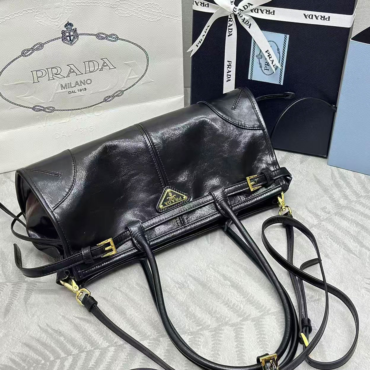 Prada Black Oil Wax Leather Long Underarm Tote Bag