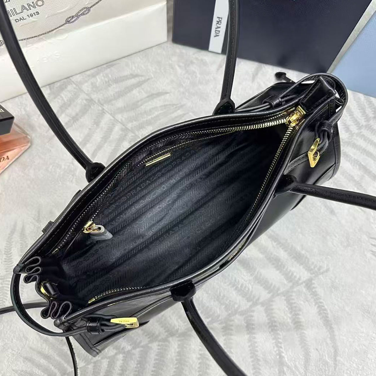 Prada Black Oil Wax Leather Long Underarm Tote Bag