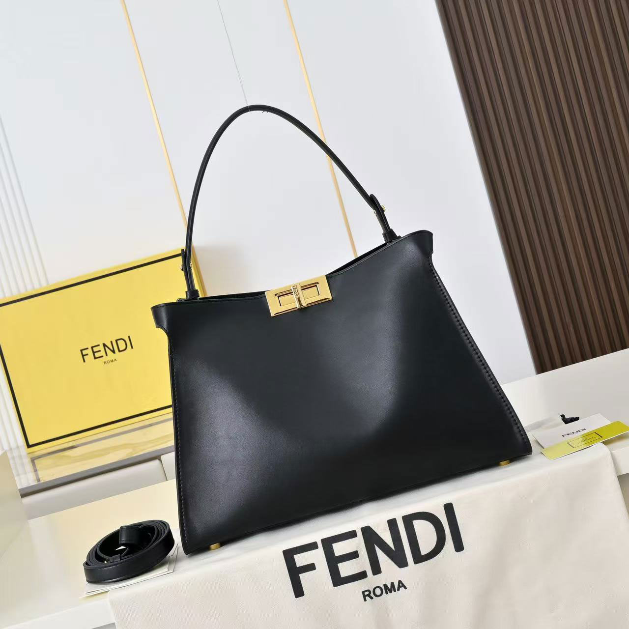 FENDI Peekaboo black smooth cowhide gold buckle tote bag
