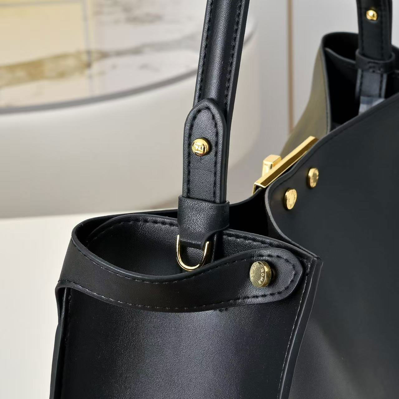 FENDI Peekaboo black smooth cowhide gold buckle tote bag