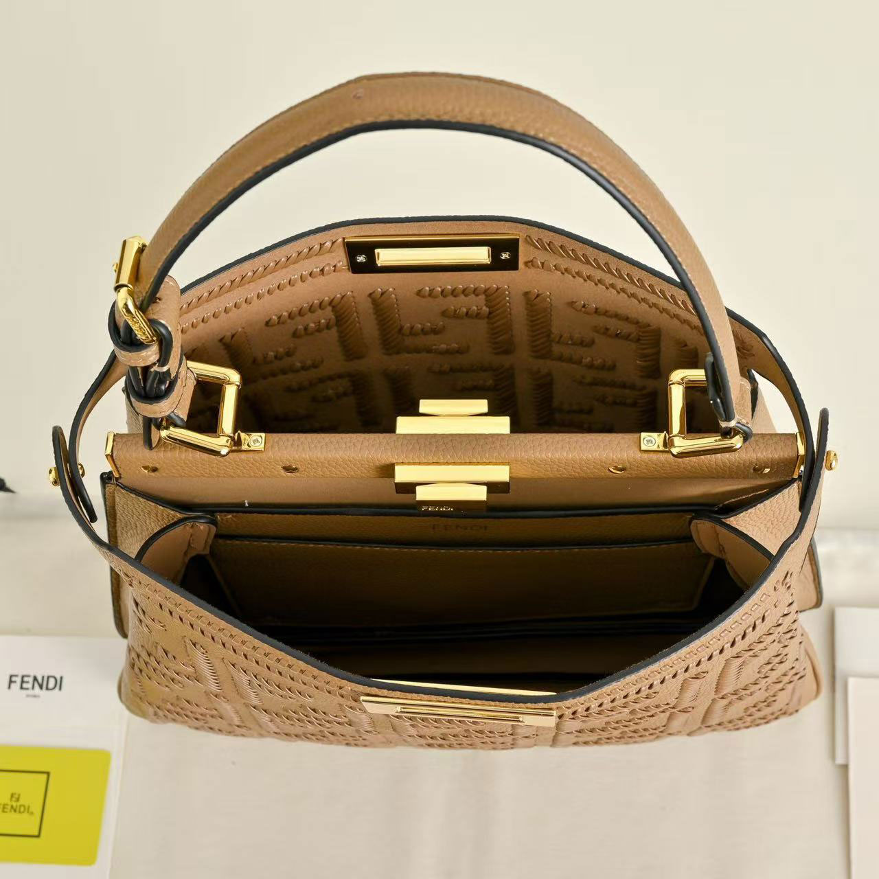 FENDI Peekaboo Milk Tea FF Embroidered Leather Tote Bag