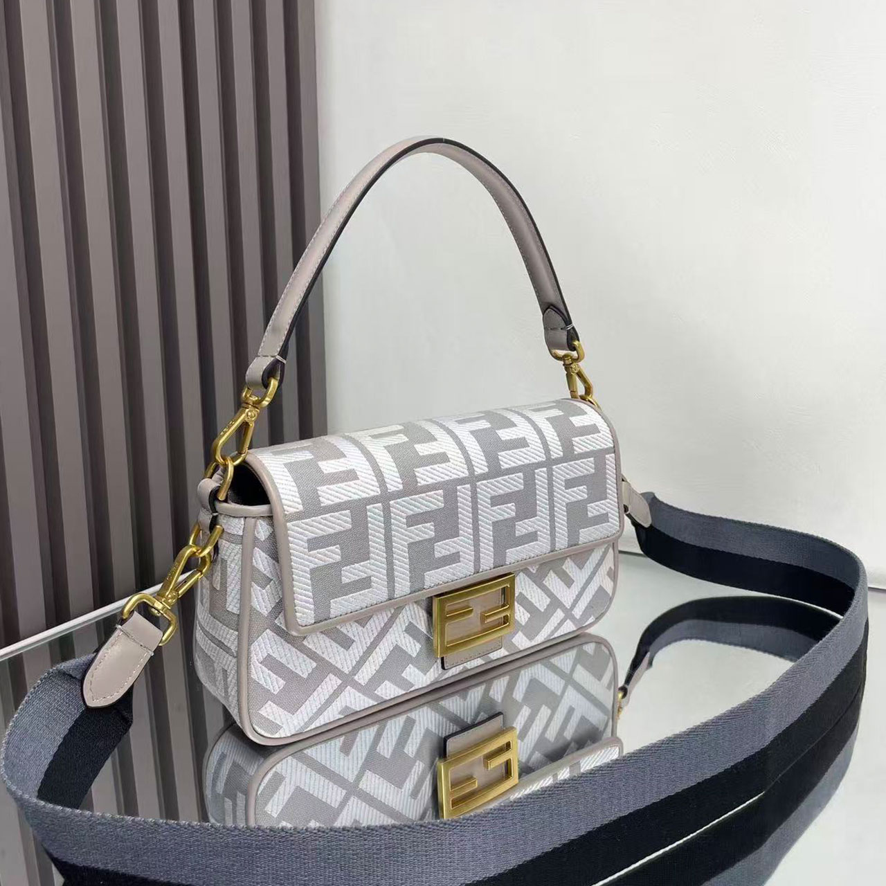 FENDI Baguette Grey White FF Old Flower Method Stick Underarm Bag