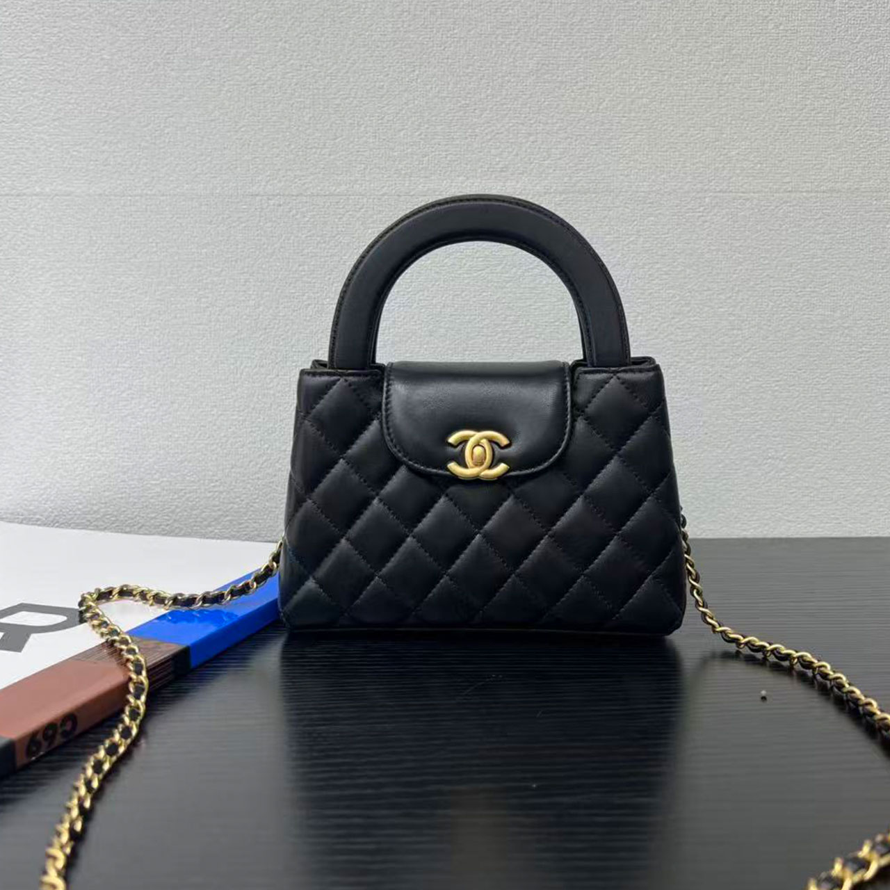 CHANEL Black Sheepskin Diamond Grid Round Handle Mini Handheld Crossbody Bag