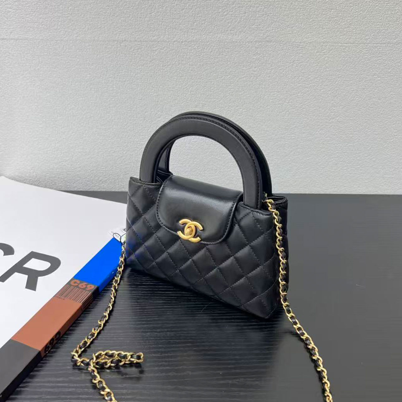 CHANEL Black Sheepskin Diamond Grid Round Handle Mini Handheld Crossbody Bag