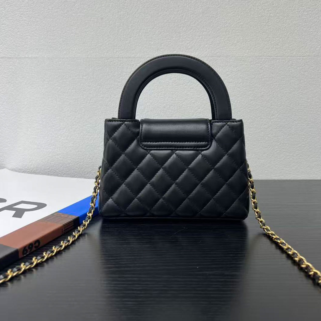 CHANEL Black Sheepskin Diamond Grid Round Handle Mini Handheld Crossbody Bag