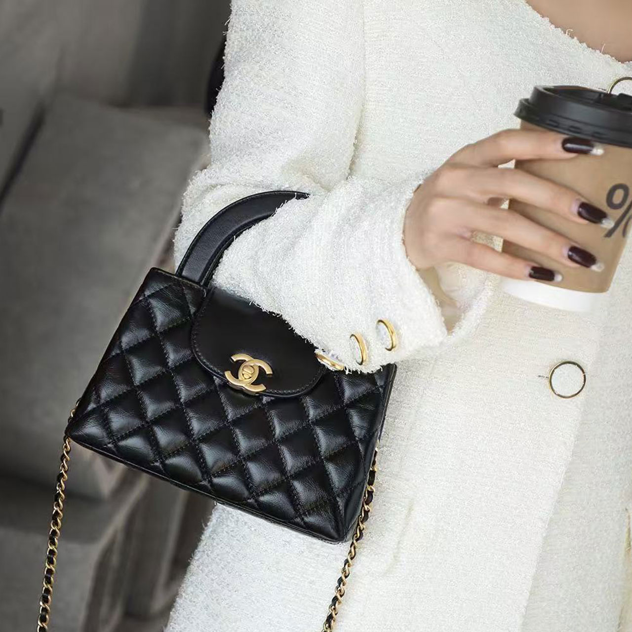 CHANEL Black Sheepskin Diamond Grid Round Handle Mini Handheld Crossbody Bag
