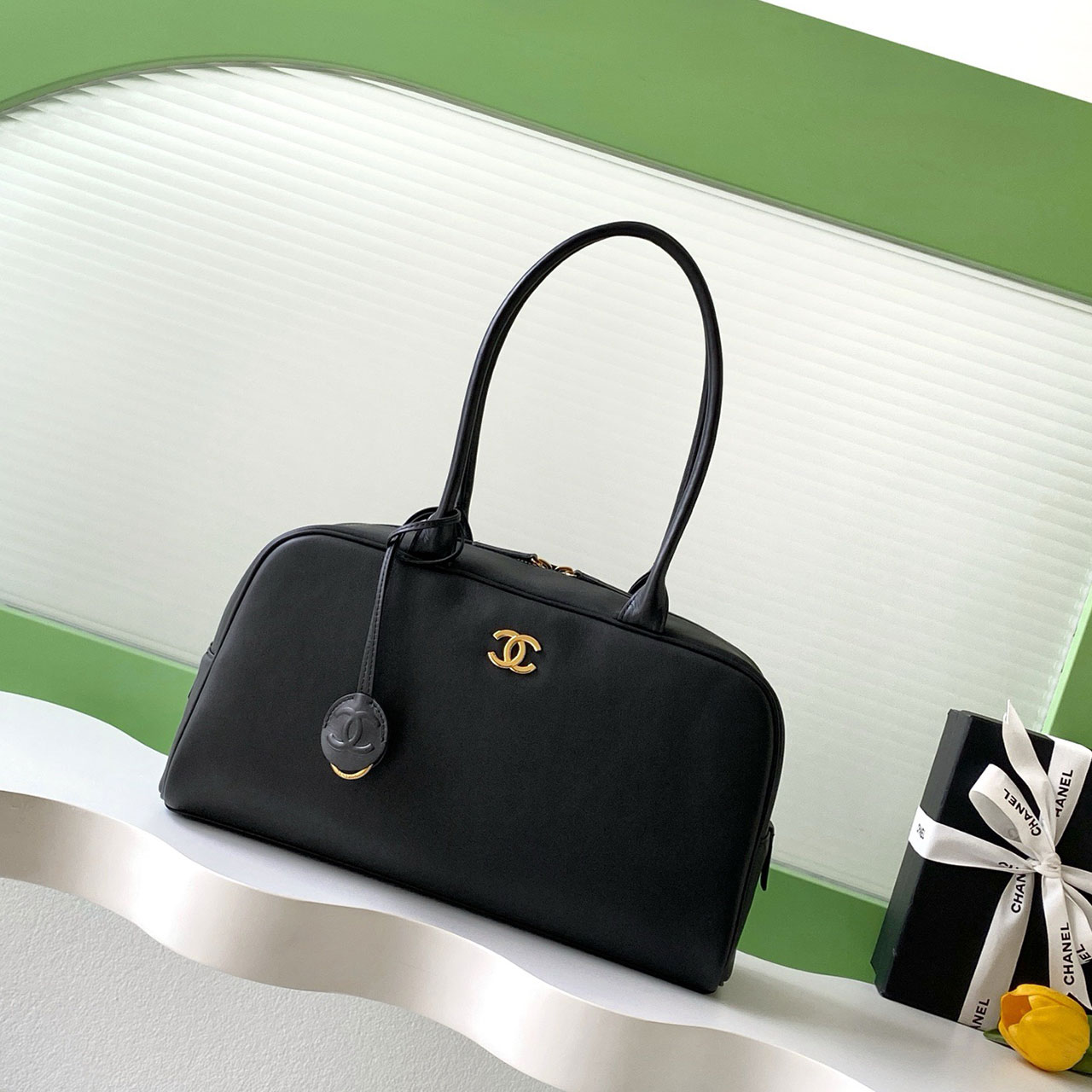 CHANEL Black Smooth Leather Gold Label Long Handle Bowling Underarm Bag
