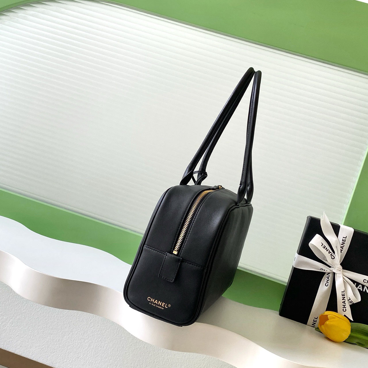 CHANEL Black Smooth Leather Gold Label Long Handle Bowling Underarm Bag