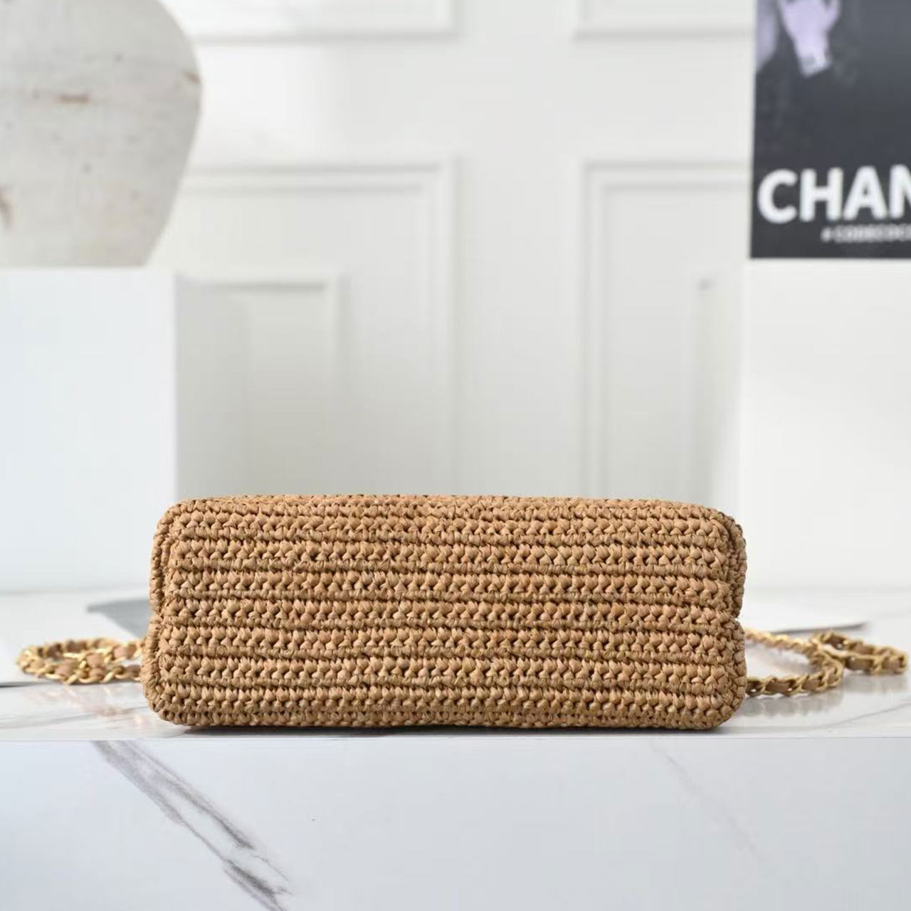 CHANEL straw woven round handle mini flip chain handbag