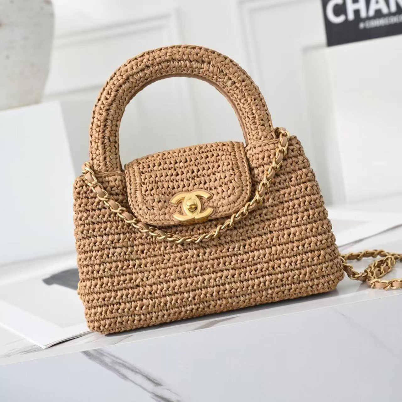 CHANEL straw woven round handle mini flip chain handbag