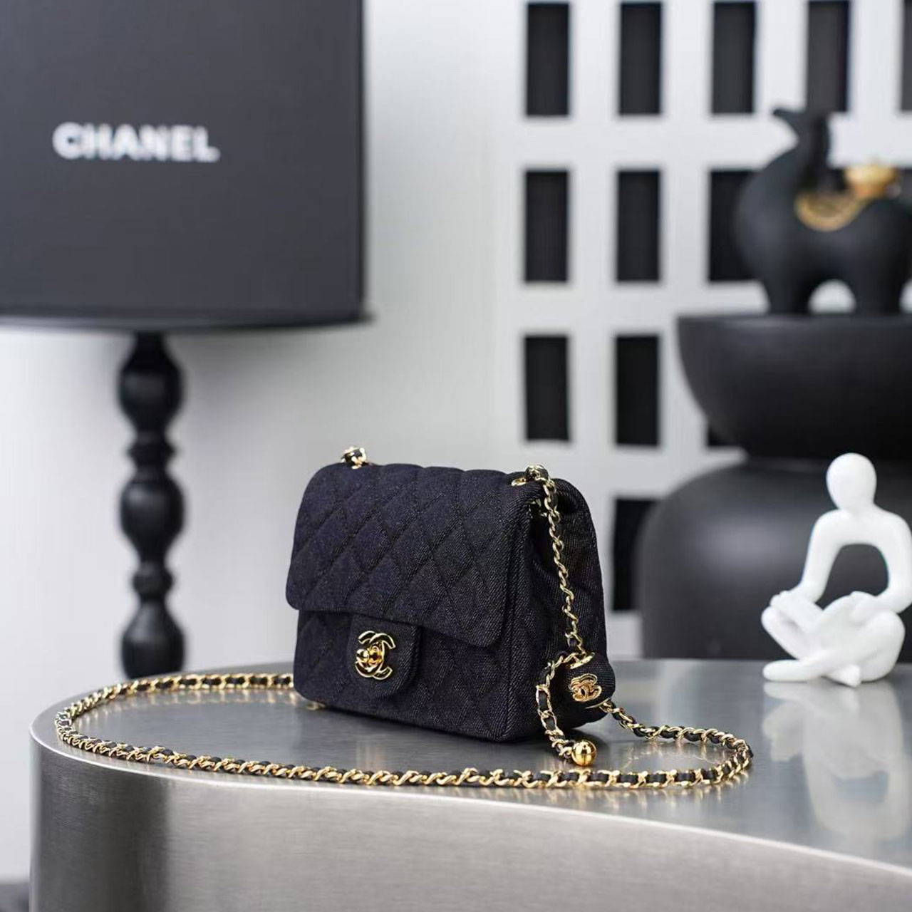 CHANEL deep blue denim diamond grid small golden ball CF mini crossbody bag