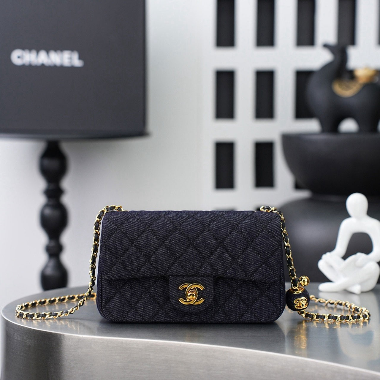 CHANEL deep blue denim diamond grid small golden ball CF mini crossbody bag
