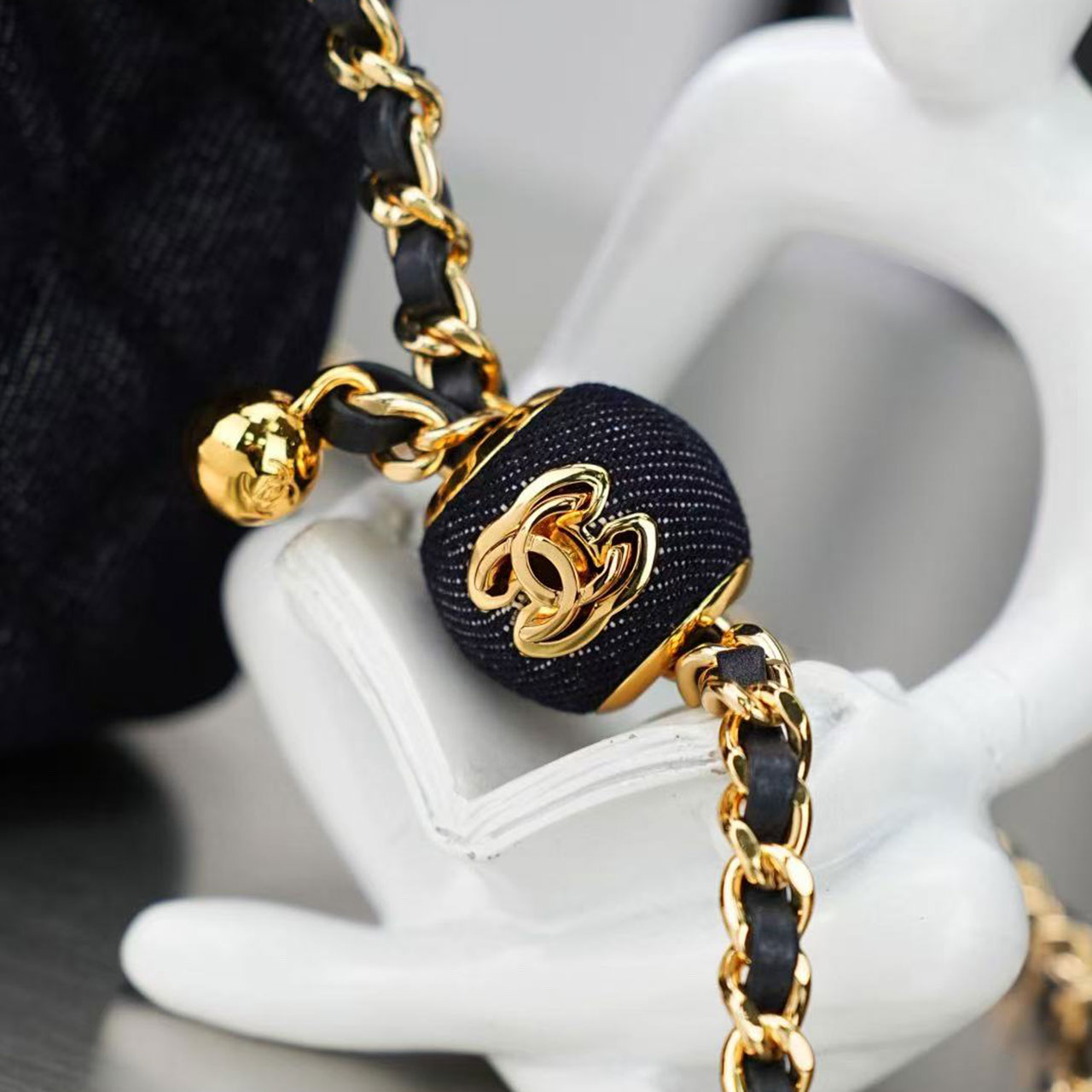 CHANEL deep blue denim diamond grid small golden ball CF mini crossbody bag