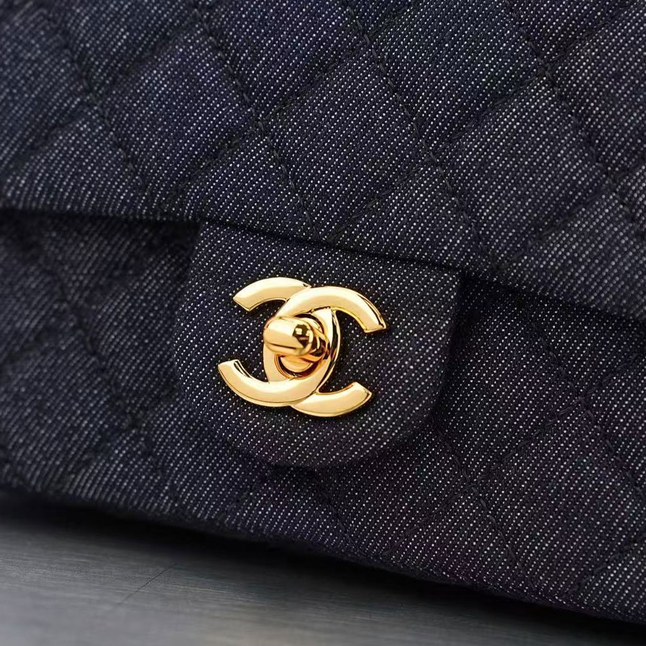CHANEL deep blue denim diamond grid small golden ball CF mini crossbody bag