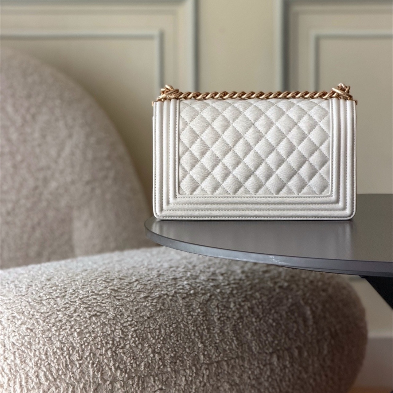 CHANEL beige caviar cowhide vintage gold buckle Leboy medium chain bag