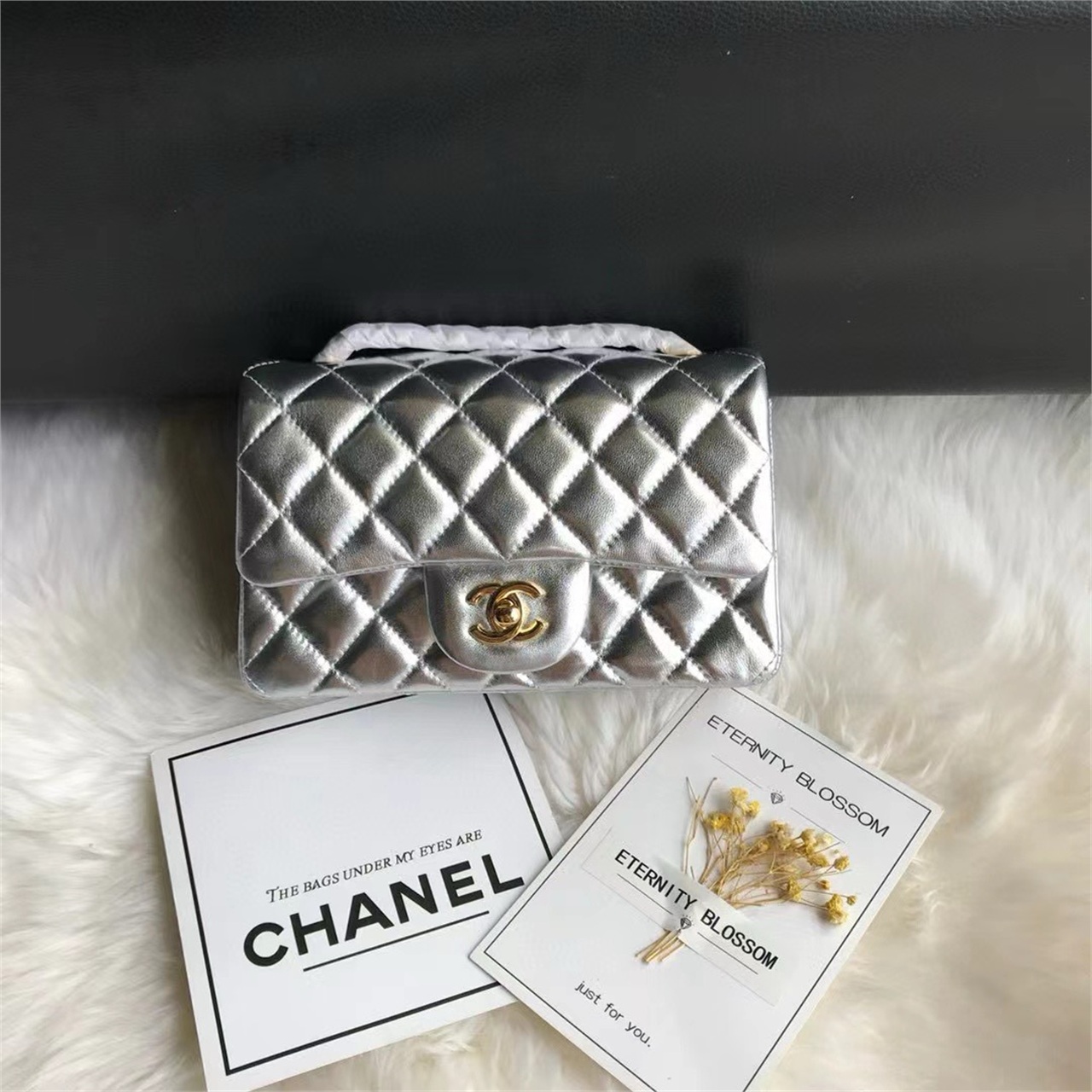 CHANEL Silver Metallic Sheepskin CF Mini Diamond Grid Chain Bag