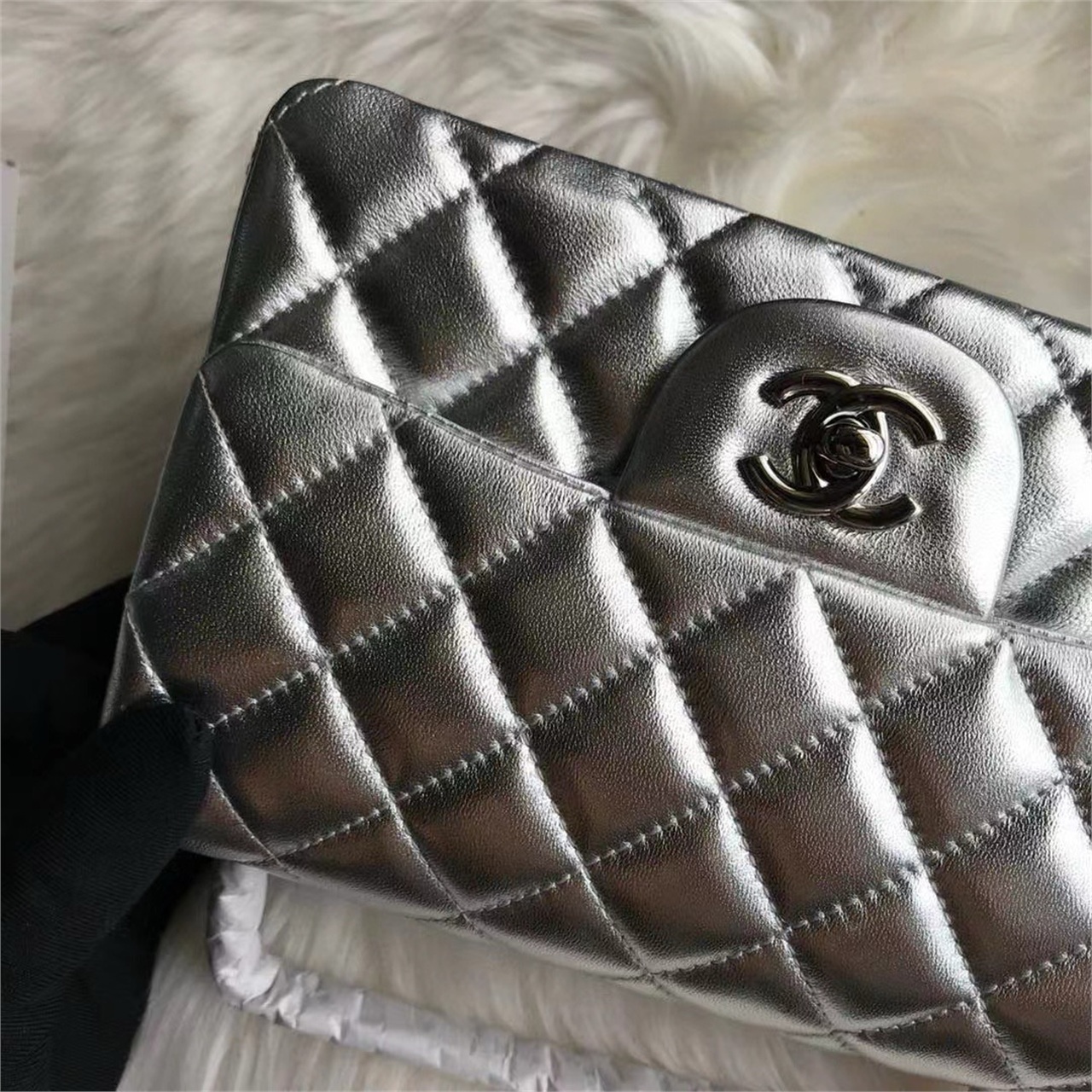 CHANEL Silver Metallic Sheepskin CF Mini Diamond Grid Chain Bag
