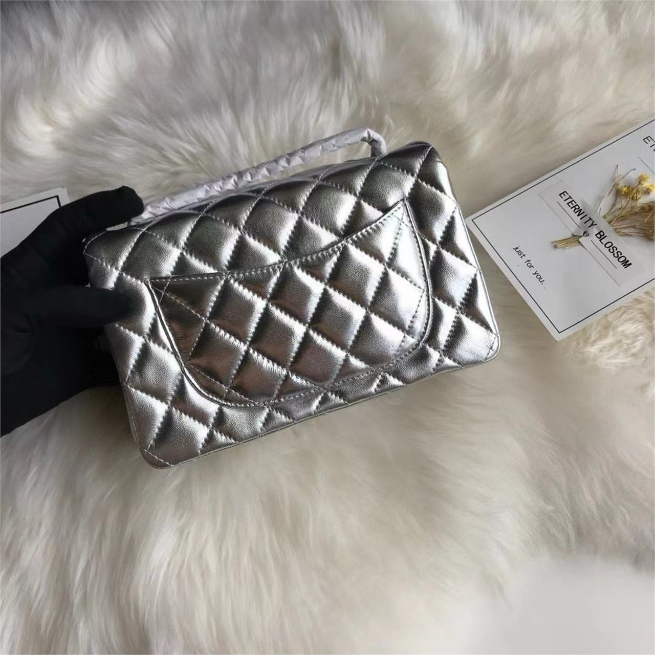 CHANEL Silver Metallic Sheepskin CF Mini Diamond Grid Chain Bag