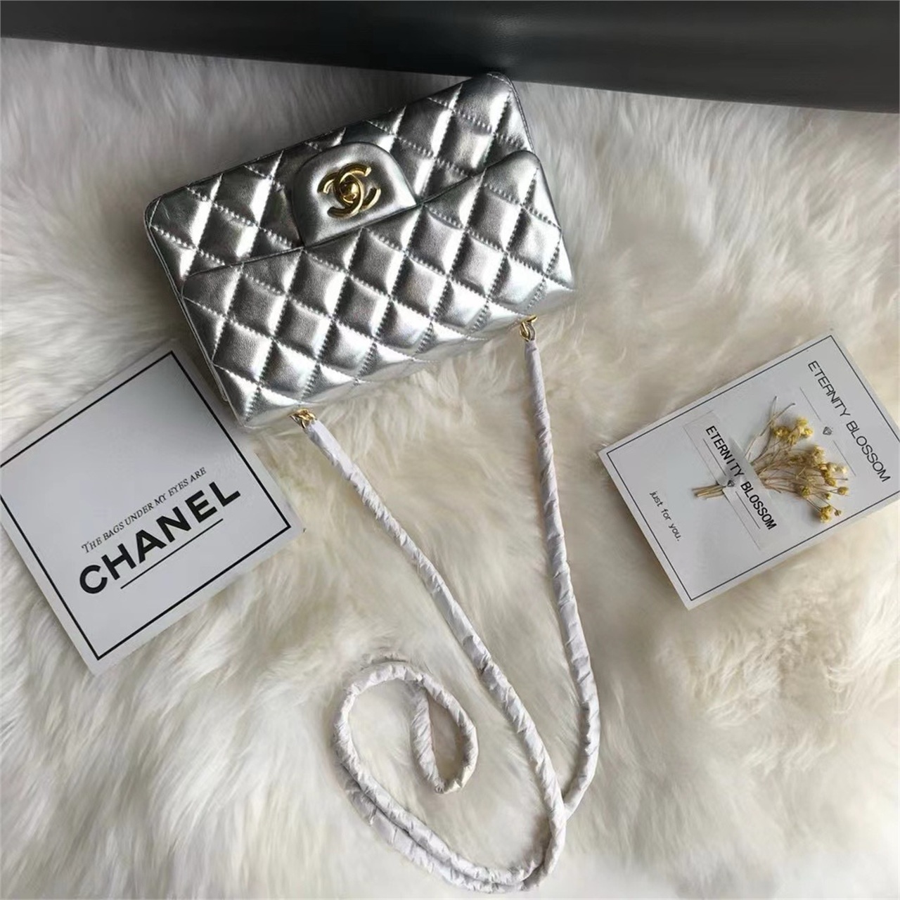 CHANEL Silver Metallic Sheepskin CF Mini Diamond Grid Chain Bag