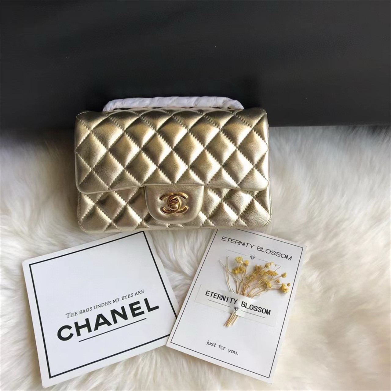 CHANEL Gold Metallic Sheepskin CF Mini Diamond Grid Chain Bag