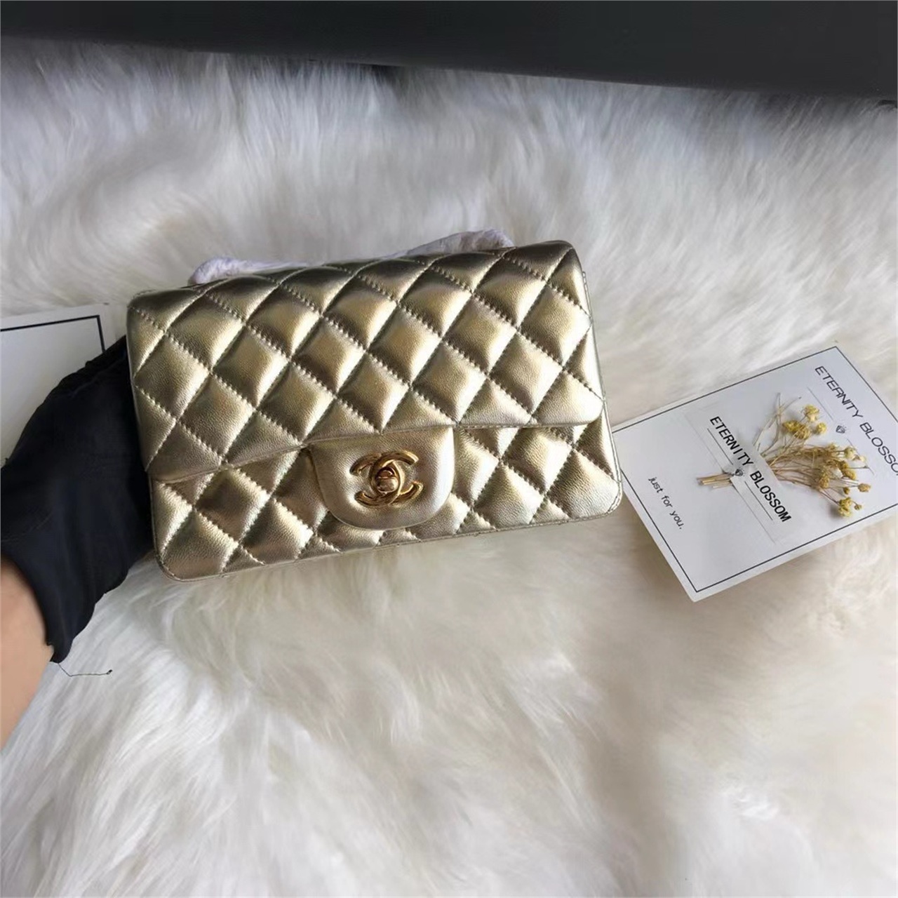 CHANEL Gold Metallic Sheepskin CF Mini Diamond Grid Chain Bag