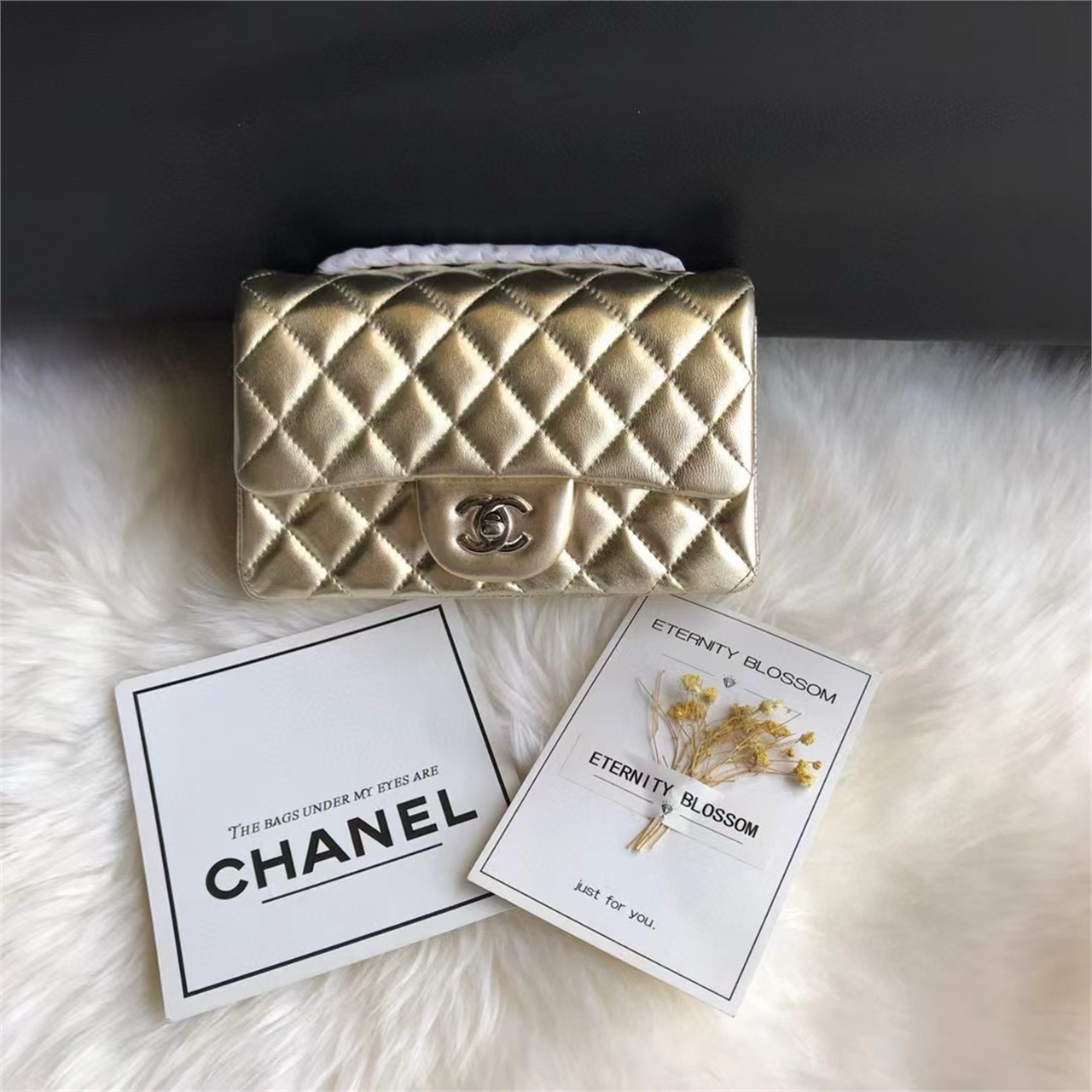CHANEL Gold Metallic Sheepskin CF Mini Diamond Grid Chain Bag