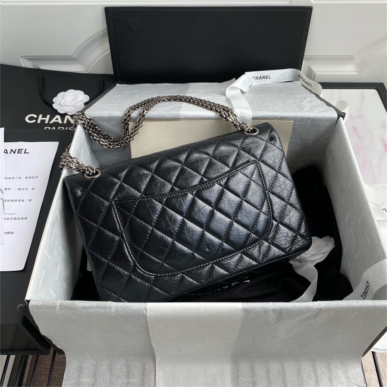 CHANEL black distressed oil wax cowhide silver buckle Leboy medium chain bag