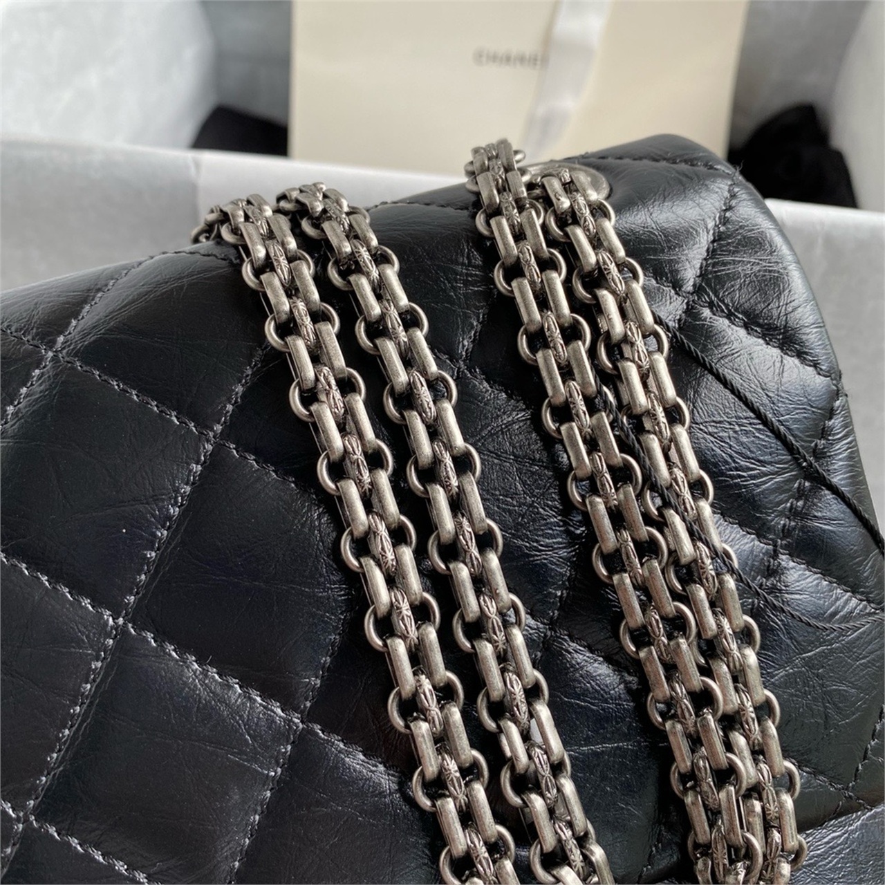 CHANEL black distressed oil wax cowhide silver buckle Leboy medium chain bag