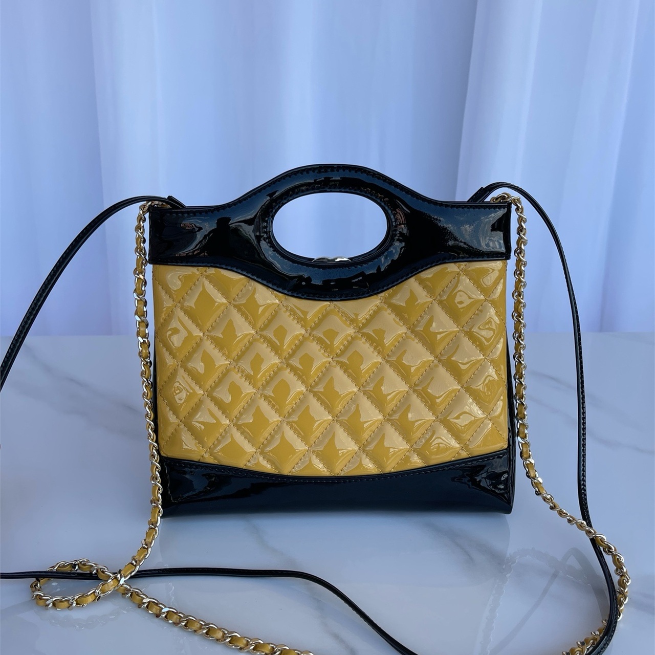 CHANEL Yellow Black Color blocked Lacquer Lingge 31 Mini Handheld Chain Bag