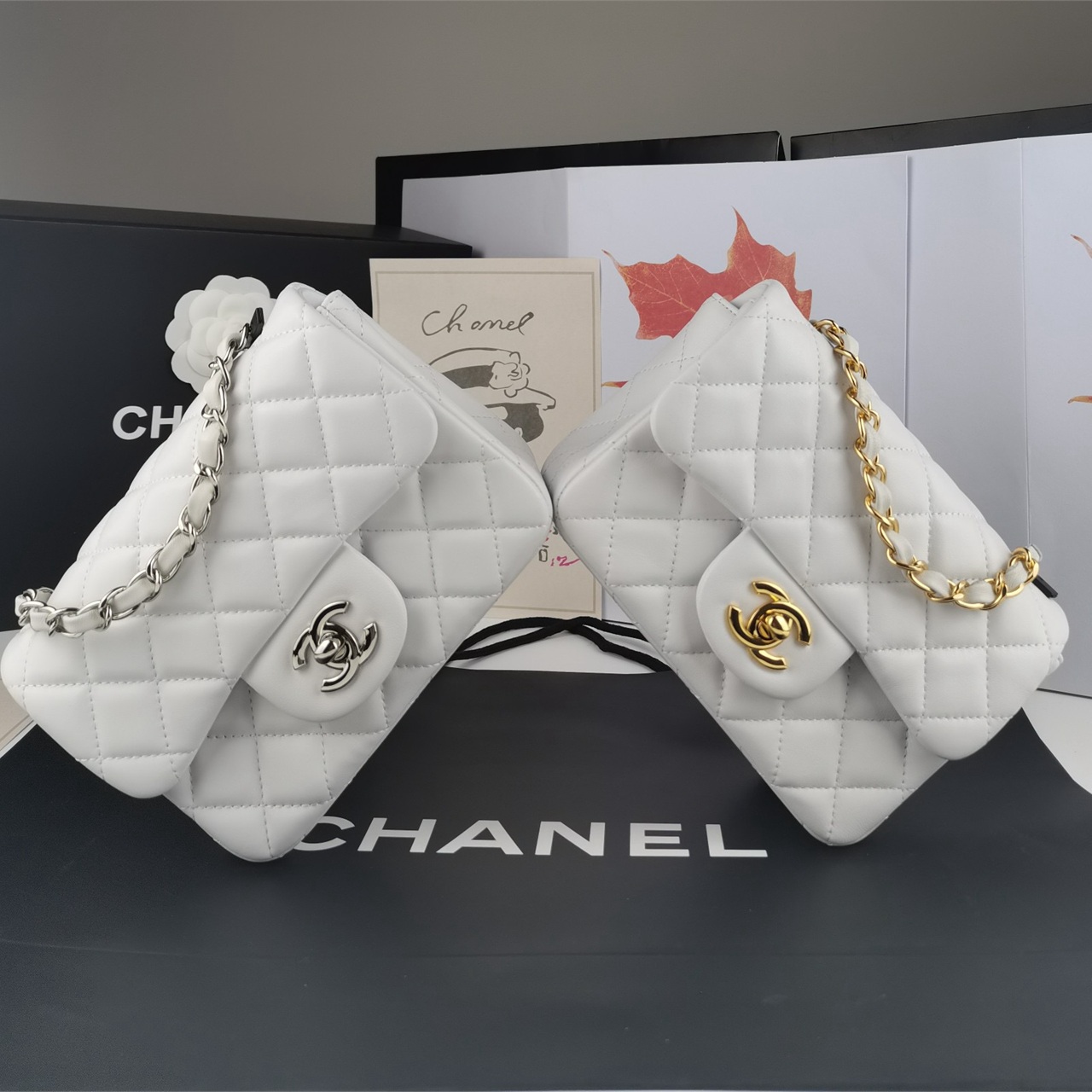 CHANEL white soft light lambskin gold buckle CF mini square fat chain bag