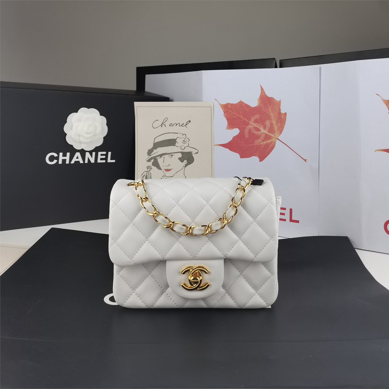 CHANEL white soft light lambskin gold buckle CF mini square fat chain bag