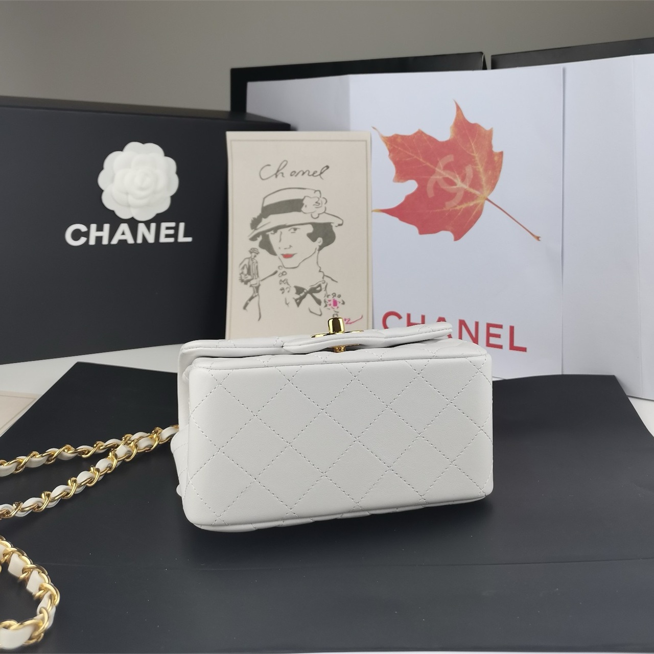 CHANEL white soft light lambskin gold buckle CF mini square fat chain bag