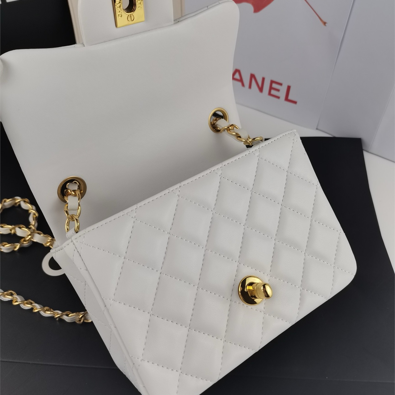 CHANEL white soft light lambskin gold buckle CF mini square fat chain bag