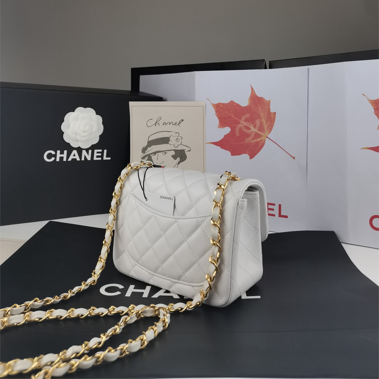 CHANEL white soft light lambskin gold buckle CF mini square fat chain bag
