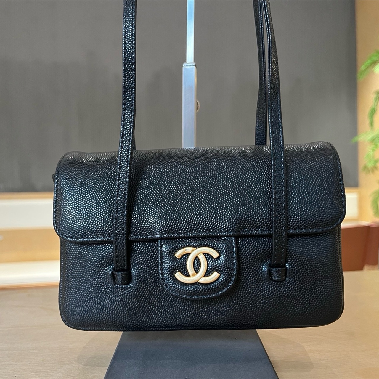 CHANEL Black Caviar Cowhide Gold Label Retro Double Shoulder Stick Underarm Bag