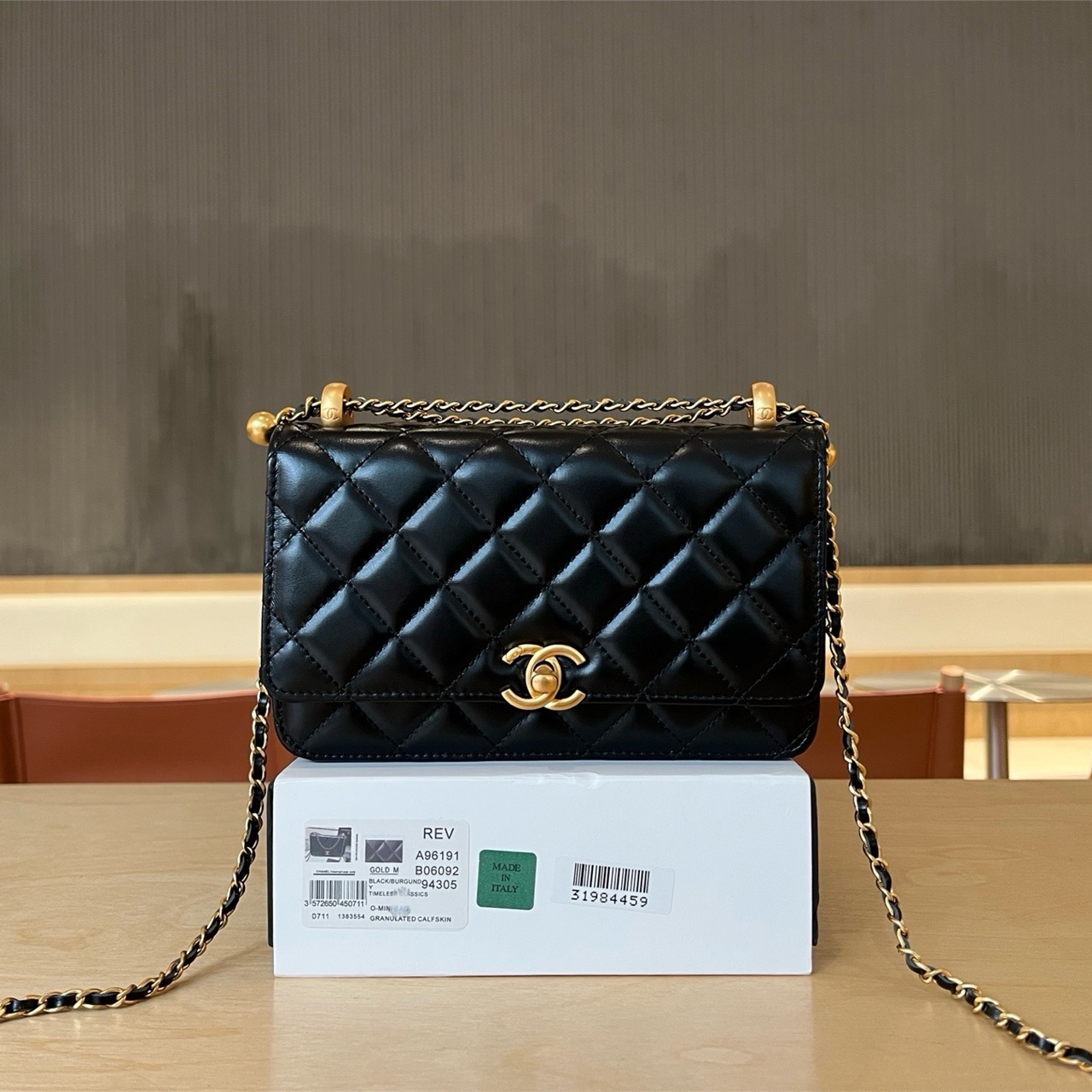 CHANEL Black Shiny Sheepskin Retro Golden Ball CF Mini Chain Bag